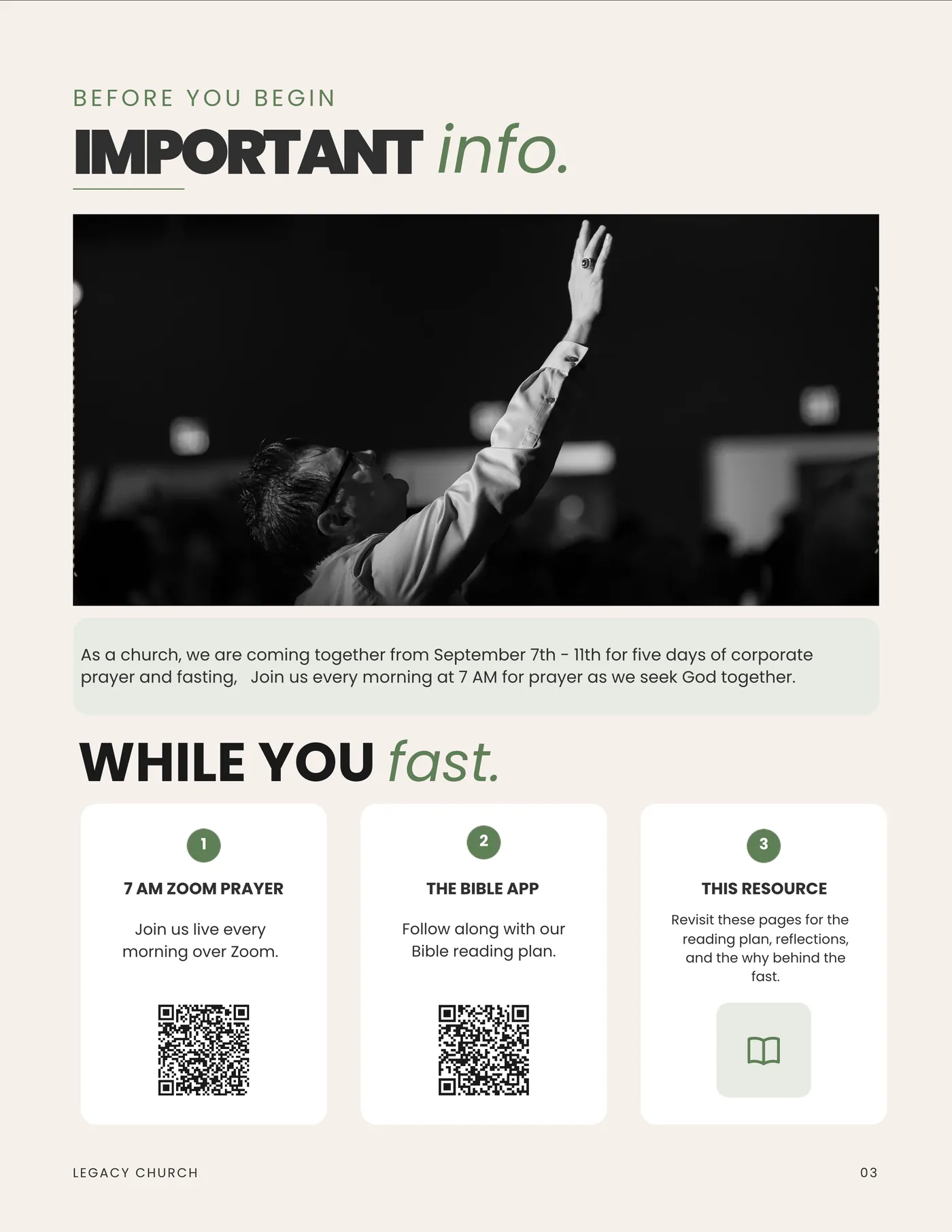 Important info: five days of corporate prayer and fasting, 7 AM Zoom prayer, the Bible app plan, and this guide
